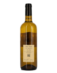 Weinkeller Hohenbrunn: Weinflasche mit Etikett von hinten vom Weingut Del Tufo im Piemont mit Due Ceppi Bianco VDT