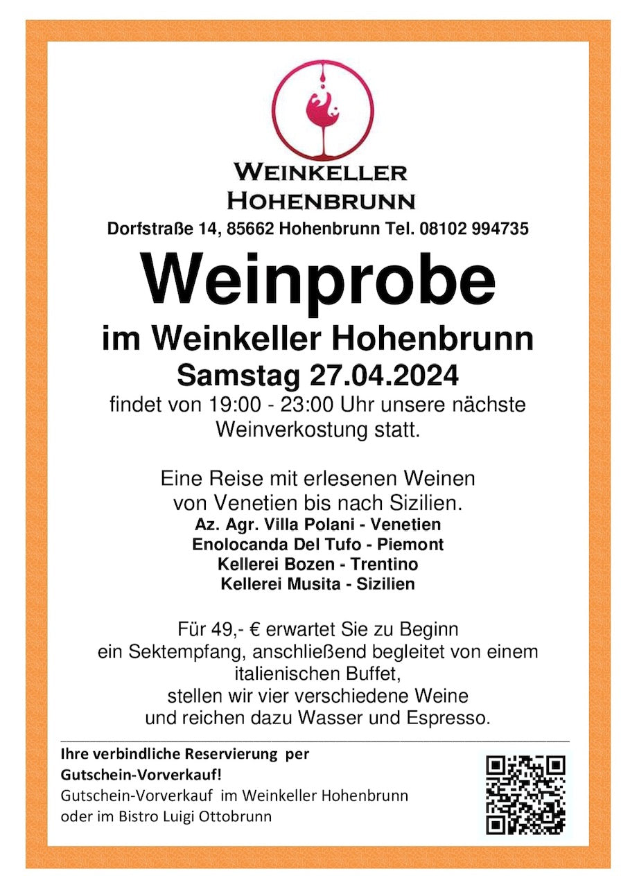 Weinkeller Hohenbrunn: Flyer für die Weinprobe am 27.04.2024 im Weinkeller Hohenbrunn