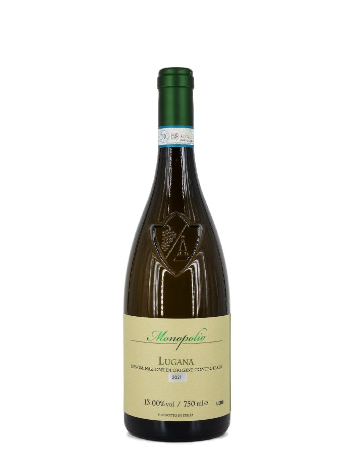 Weinkeller Hohenbrunn: Bild einer Weinflasche von vorne mit Etikett von Cantina di Gambellara mit Monopolio Lugana D.O.C.