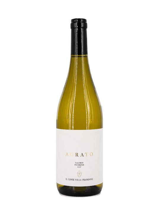 Weinkeller Hohenbrunn: Bild einer Weinflasche von vorne  mit Etikett vom Weingut Il Conte Villa Prandone mit Aurato Falerio Pecorino D.O.C.