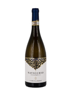 Weinkeller Hohenbrunn: Bild einer Weinflasche von hinten mit Etikett vom Weingut Il Conte Villa Prandone mit Navicchio Offida Pecorino D.O.C.G.