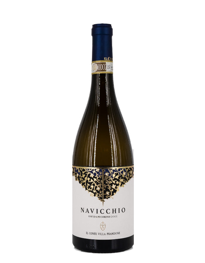 Weinkeller Hohenbrunn: Bild einer Weinflasche von hinten mit Etikett vom Weingut Il Conte Villa Prandone mit Navicchio Offida Pecorino D.O.C.G.