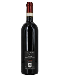 Weinkeller Hohenbrunn: Weinflasche von hinten mit Etikett mit Dolcetto Dogliani DOCG vom Weingut Del Tufo im Piemont