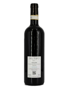 Weinkeller Hohenbrunn:  Weinflasche mit Etikett von hinten mit Dolcetto Spina DOCG vom Weingut Del Tufo