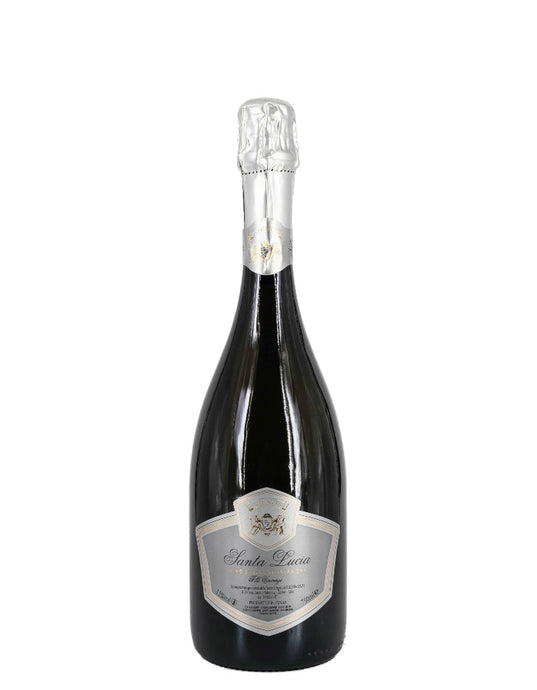 Weinkeller Hohenbrunn: Bild einer Sektflasche von vorne  mit Etikett vom Weingut F.Ille Vincenzi mit Santa Lucia Spumante extra dry IGT
