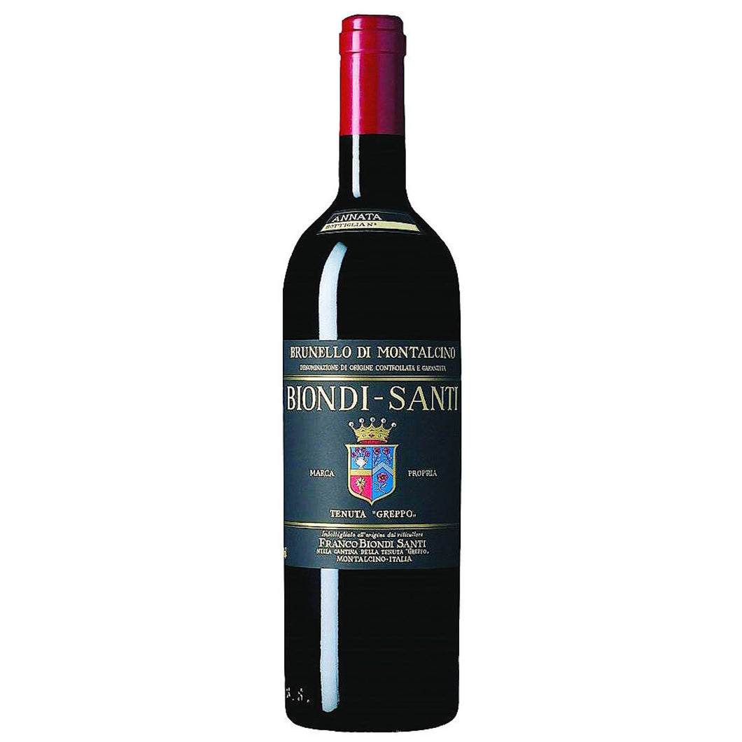 Weinkeller Hohenbrunn präsentiert eine Weinflasche der Tenuta Greppo von Biondi-Santi mit Brunello di Montalcino D.O.C.G. von vorne.