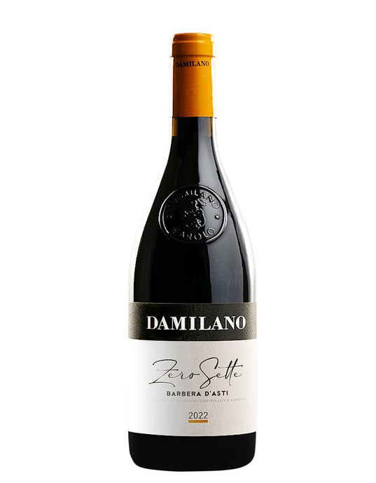 Der Weinkeller Hohenbrunn präsentiert eine Weinflasche vom Weingut Damiliano aus dem Piemont mit Babera d`Asti Zero Sette DOC.