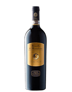 Weinkeller Hohenbrunn präsentiert eine Weinflasche der Tenuta La Fuga mit Brunello di Montalcino "La Sorelle" Riserva D.O.C.G. von vorne