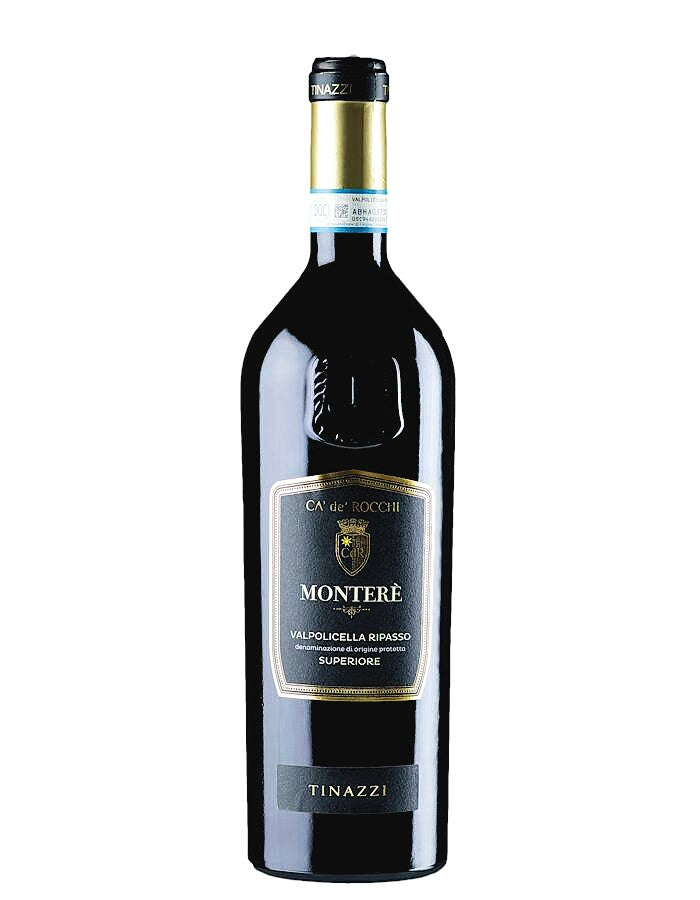 Weinkeller Hohenbrunn präsentiert eine Weinflasche des Weinguts Ca`de`Rocchi von Tinazzi mit Valpolicella Ripasso Superiore Monterè D.O.C. von vorne